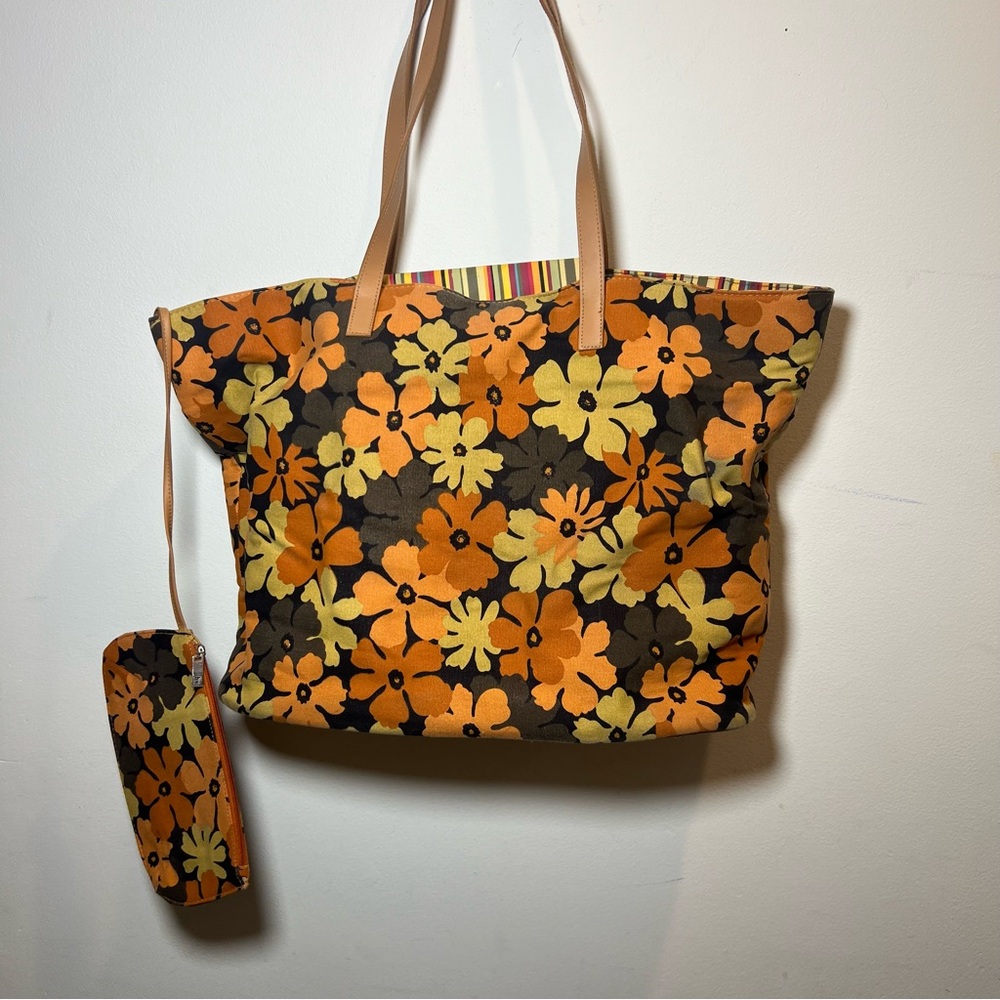 Floral Tote Bag with Pouch - Orange and Brown